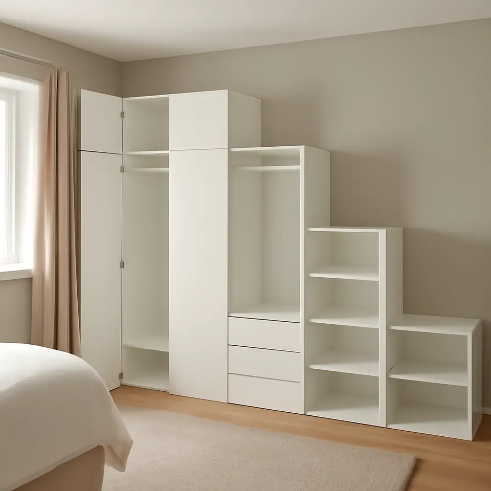 Møbelmontering PLATSA Garderobe med 5 døre + 3 skuffer, hvid/Fonnes hvid, 280x42x221 cm | Professionel Møbelmontør