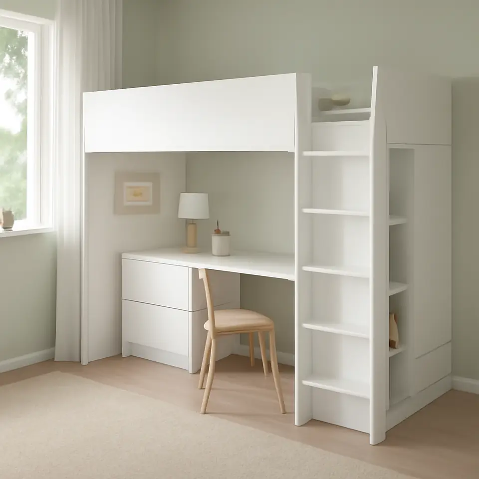 Møbelmontering SMÅSTAD Højseng, hvid hvid/med skrivebord med 3 skuffer, 90×200 cm | Samling af Møbler i Rødovre & Kbh