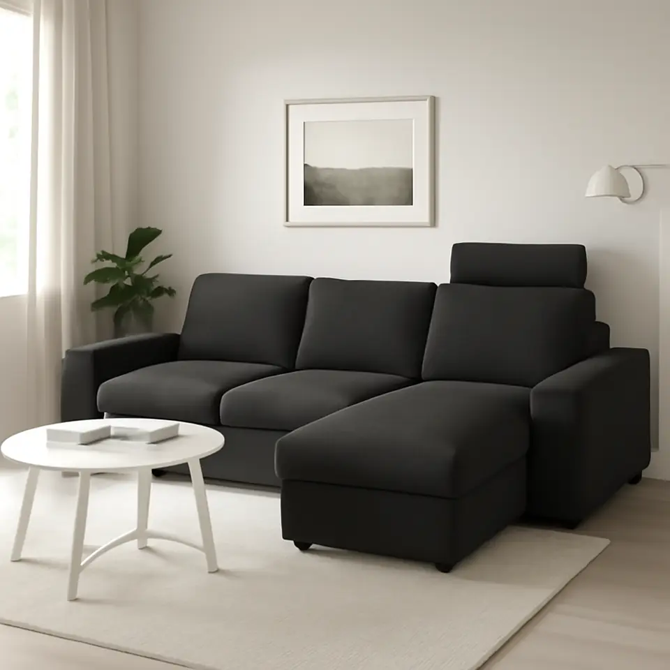 Møbelmontering VIMLE 3-pers. sofa med chaiselong, med brede armlæn med nakkepude/Hillared antracit | Billig & Hurtig i København