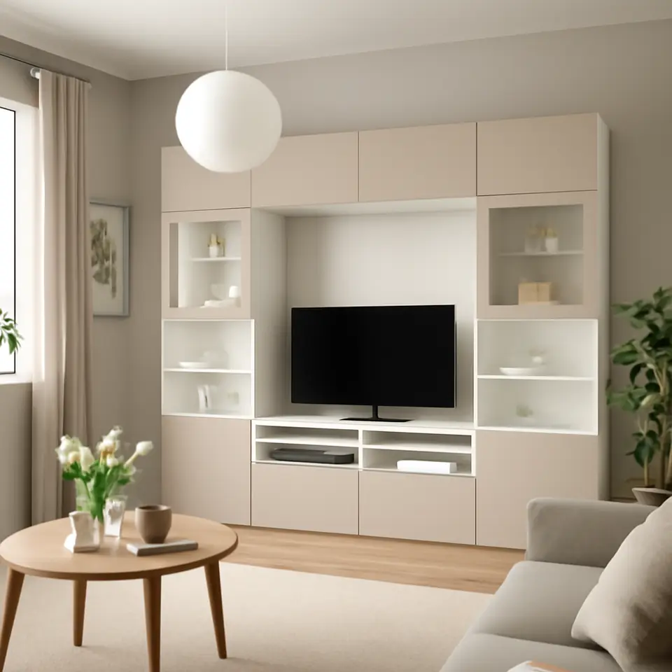 Møbelmontering BESTÅ Tv-møbel m opbevaring/vitrinelåger, hvid Sindvik/Lappviken lysegrå/beige, 300x42x231 cm | Billig & Hurtig i København