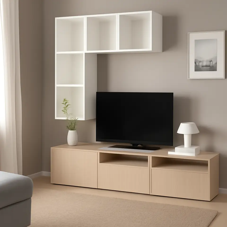 Møbelmontering BESTÅ / EKET Skabskombination til tv, egetræsmønster med hvid bejdse/hvid, 180x42x170 cm | Professionel Møbelmontør