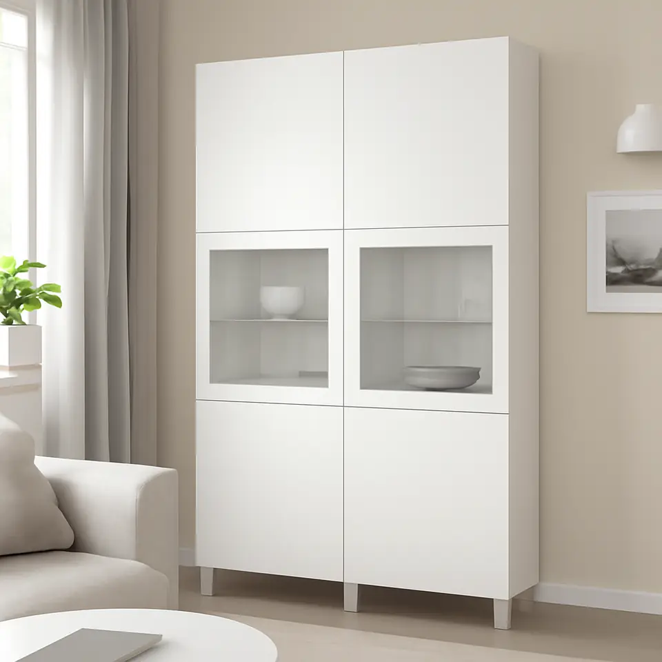 Møbelmontering BESTÅ Opbevaringsløsning med vitrinelåger, hvid Valviken/Sindvik hvidt klart glas, 120x42x202 cm | Professionel Møbelmontør