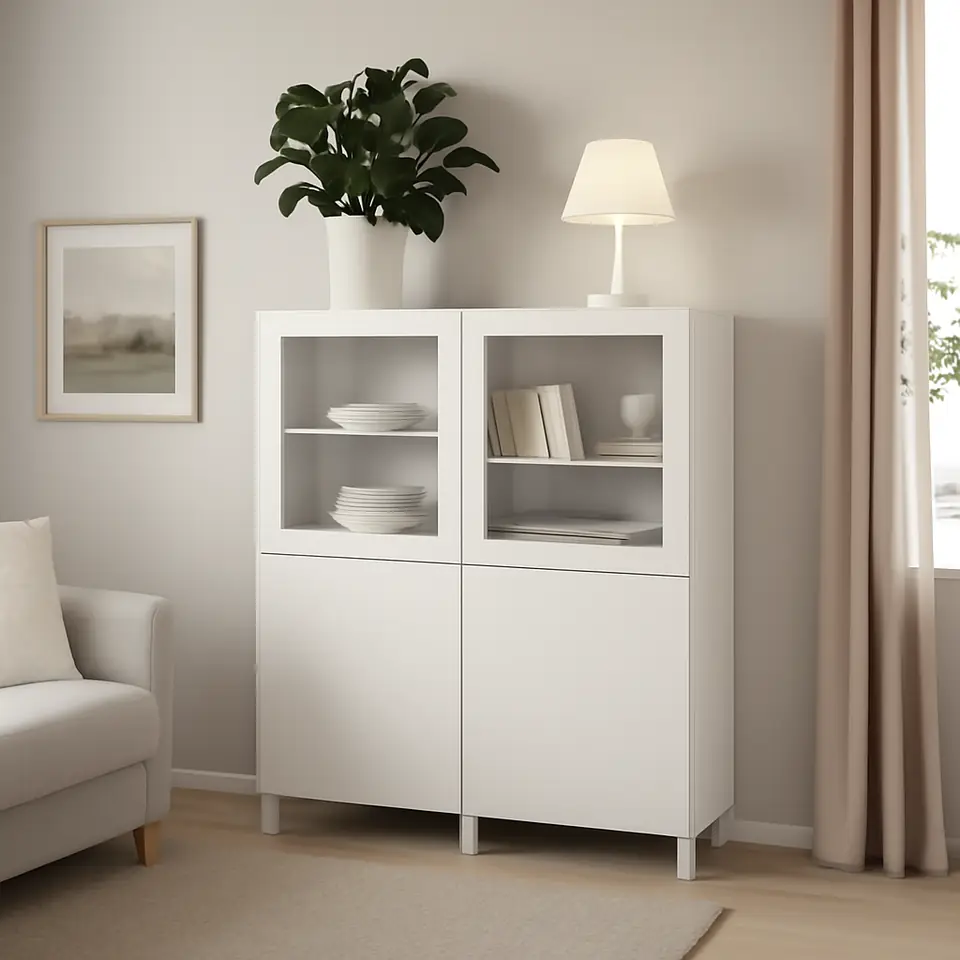 Møbelmontering BESTÅ Opbevaringsløsning med vitrinelåger, hvid Valviken/Sindvik hvidt klart glas, 120x42x202 cm | Professionel Møbelmontør
