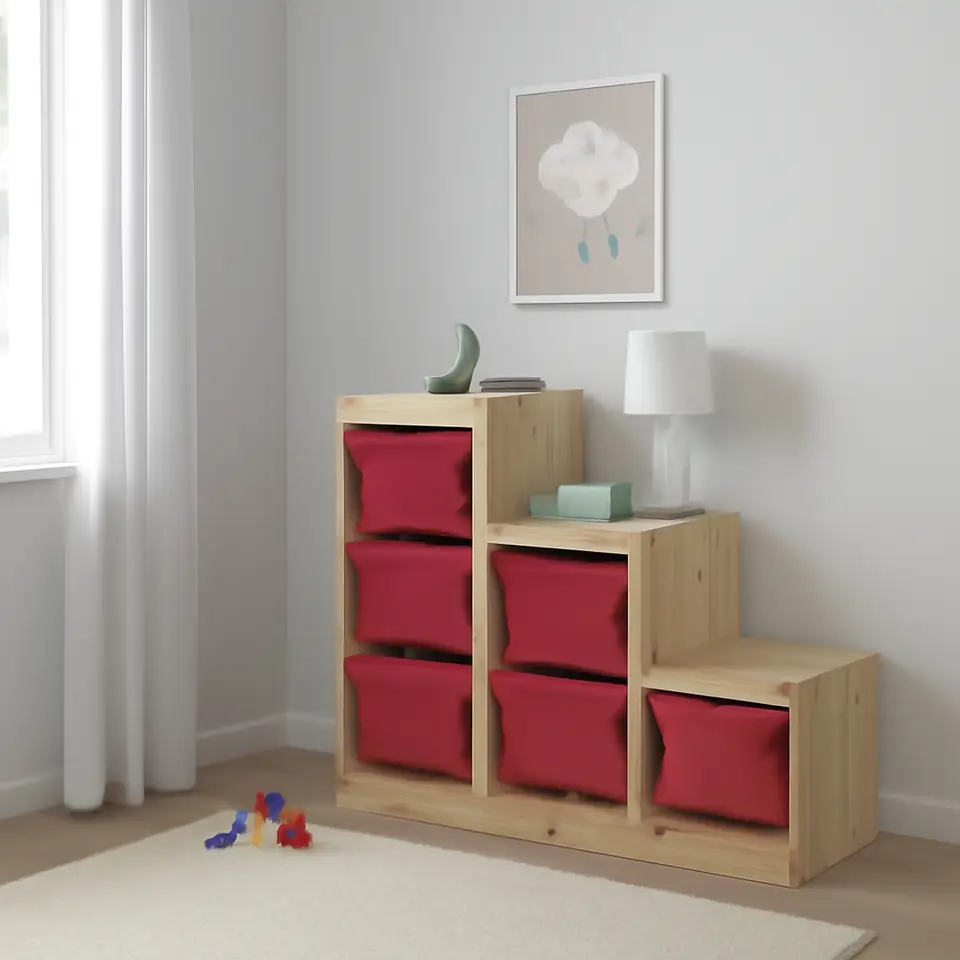 Møbelmontering TROFAST Opbevaringskombination med bokse, lys fyr med hvid bejdse/rød, 94x44x91 cm | Fast Pris i Storkøbenhavn