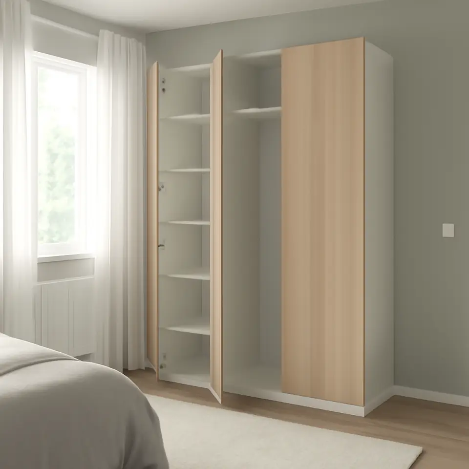 Møbelmontering PAX / FORSAND Garderobekombination, hvid/egetræsmønster med hvid bejdse, 150x60x236 cm | Fast Pris i Storkøbenhavn