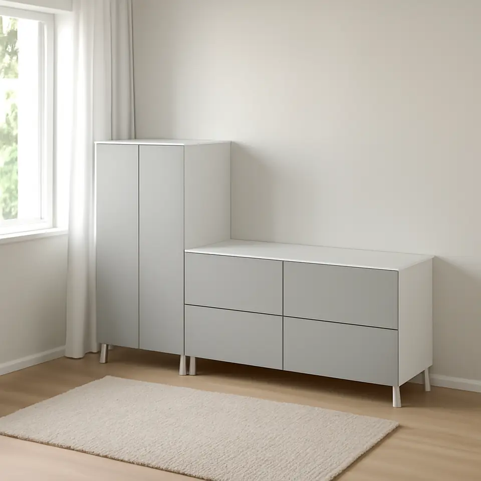 Møbelmontering SMÅSTAD / PLATSA Garderobeskab, hvid grå/med to kommoder, 180x57x133 cm | Billig & Hurtig i København