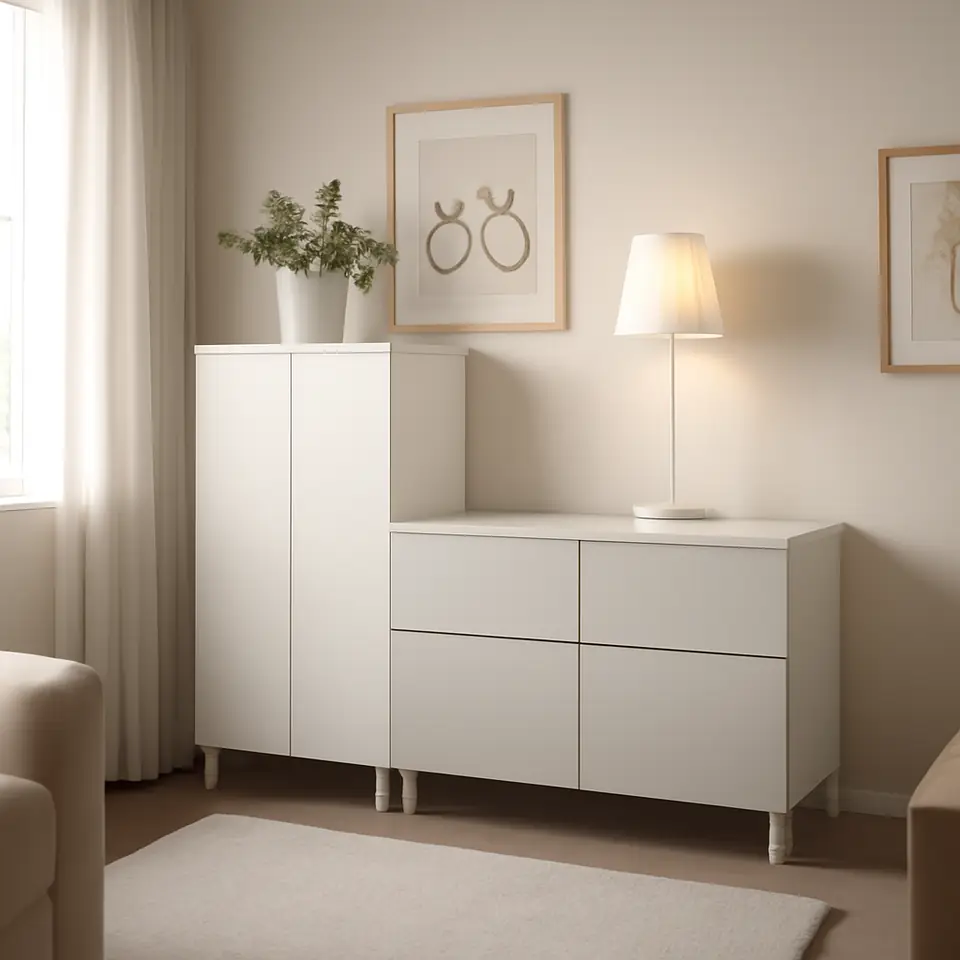 Møbelmontering SMÅSTAD / PLATSA Garderobeskab, hvid grå/med to kommoder, 180x57x133 cm | Professionel Møbelmontør