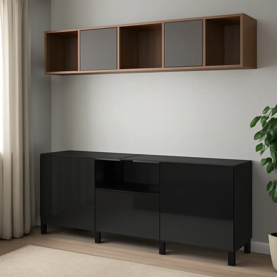 Møbelmontering BESTÅ / EKET Skabskombination til tv, sortbrun mørkegrå/valnøddetræsmønster, 210x42x220 cm | Professionel Møbelmontør