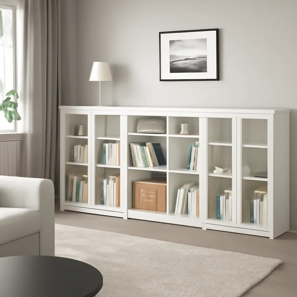 Møbelmontering VIHALS Opbevaringsløsning med vitrinelåger, hvid/klart glas, 285x37x90 cm | Professionel Møbelmontør