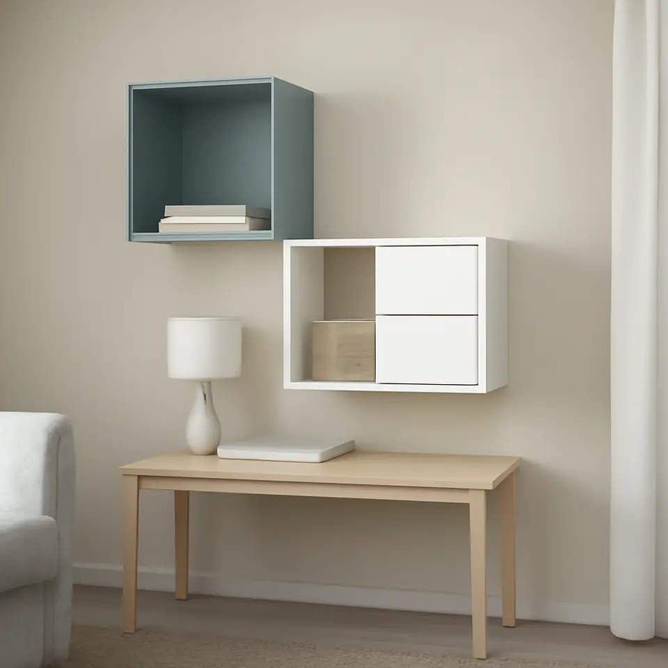 Møbelmontering EKET Vægmonteret opbevaringsløsning, hvid/lys gråblå, 105x35x70 cm | Billig & Hurtig i København