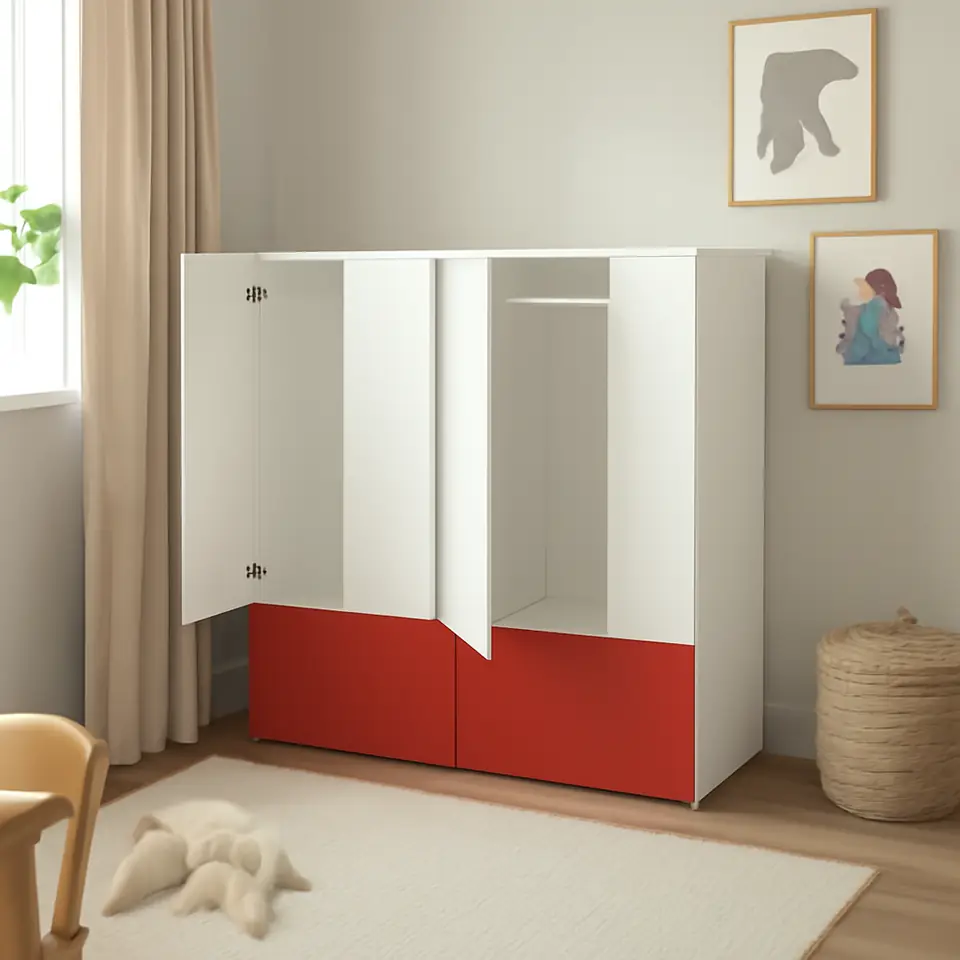 Møbelmontering SMÅSTAD / PLATSA Opbevaringskombination, hvid rød/med 2 skuffer, 120x57x123 cm | Billig & Hurtig i København