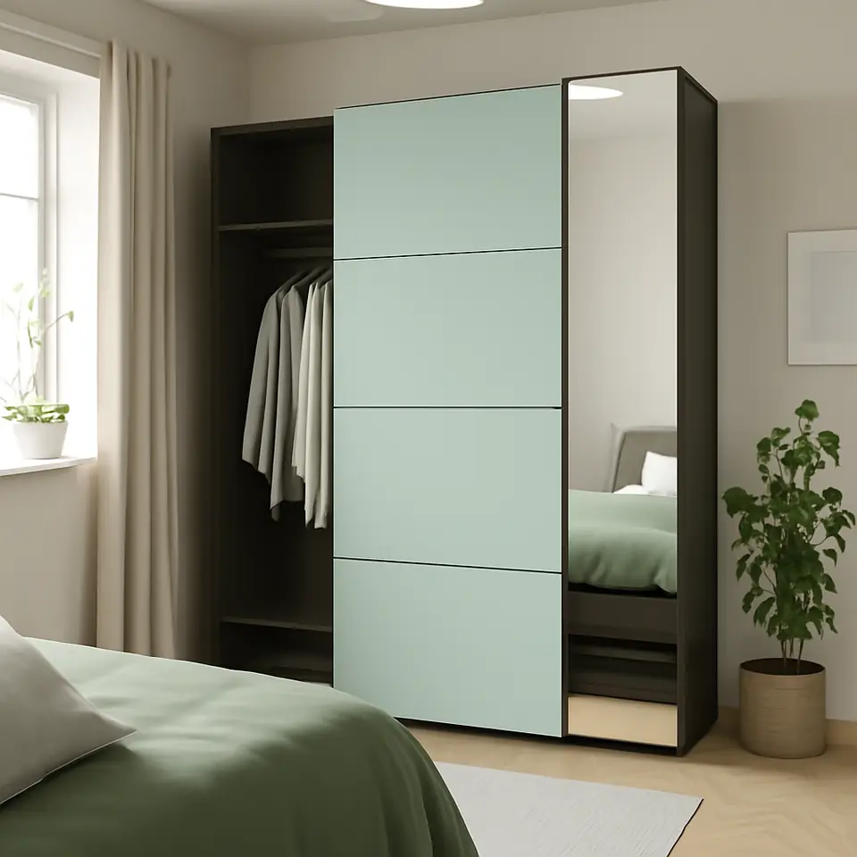Møbelmontering PAX / MEHAMN/AULI Garderobe m skydedøre, mørkegrå dobbeltsidet/lysegrøn spejl, 200x66x236 cm | Samling af Møbler i Rødovre & Kbh