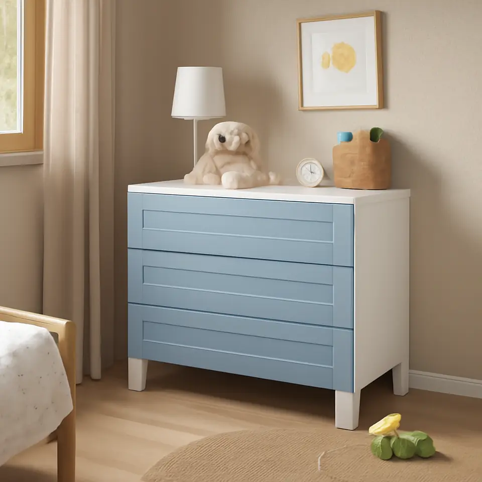 Møbelmontering PLATSA Kommode 3 skuffer, hvid/Sannidal blå, 80x57x73 cm | Professionel Møbelmontør