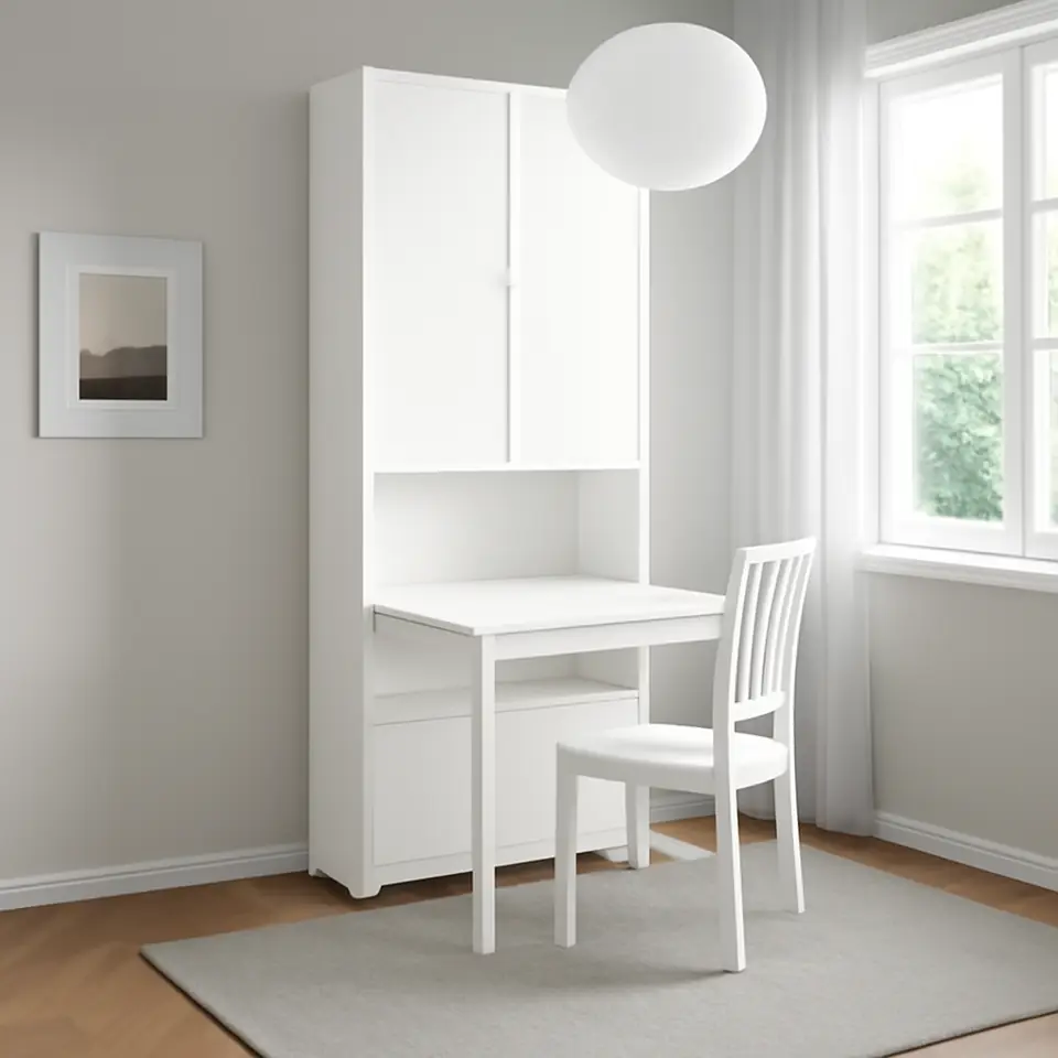 Møbelmontering BILLY / HÖGBO Reol med skrivebord og skuffe, hvid, 80×202 cm | Professionel Møbelmontør