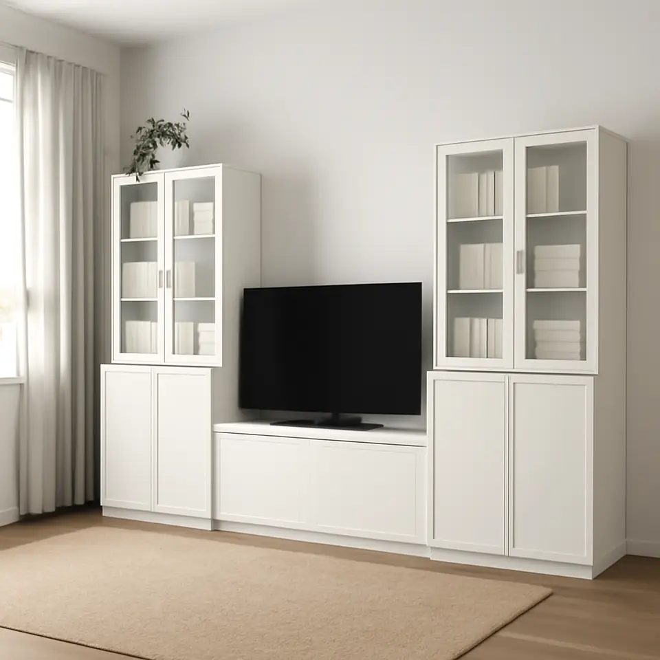 Møbelmontering TONSTAD Tv-møbel, kombination, råhvid/klart glas, 339x47x201 cm | Professionel Møbelmontør