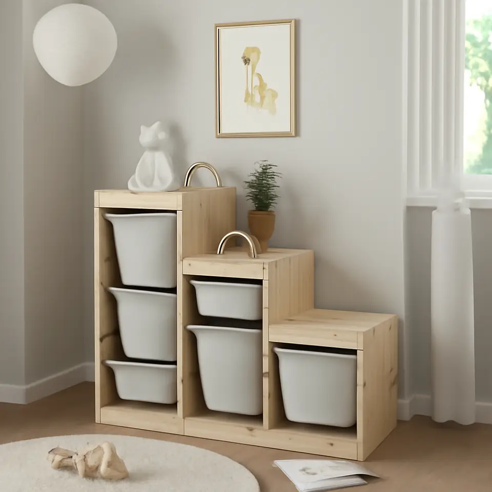 Møbelmontering TROFAST Opbevaringskombination med bokse, lys fyr med hvid bejdse/grå, 94x44x91 cm | Billig & Hurtig i København