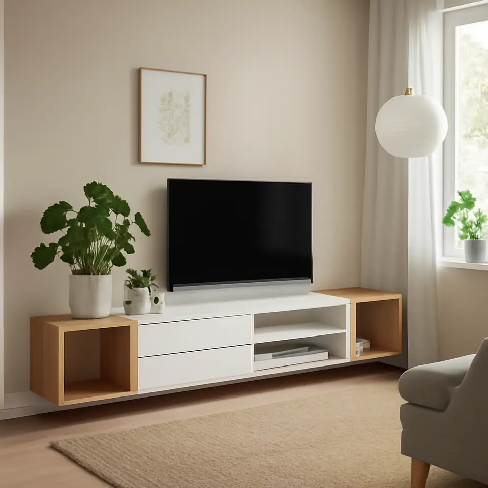 Møbelmontering EKET Medieopbevaring, kombination, hvid/eg med hvid bejdse klart glas, 210x35x35 cm | Professionel Møbelmontør