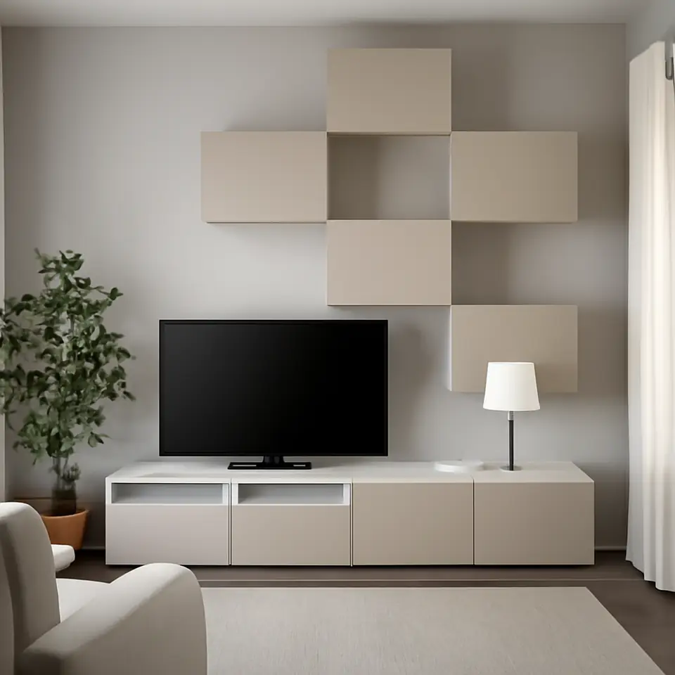 Møbelmontering BESTÅ Tv-møbel, kombination, hvid Lappviken/lys gråbeige, 240x42x230 cm | Professionel Møbelmontør