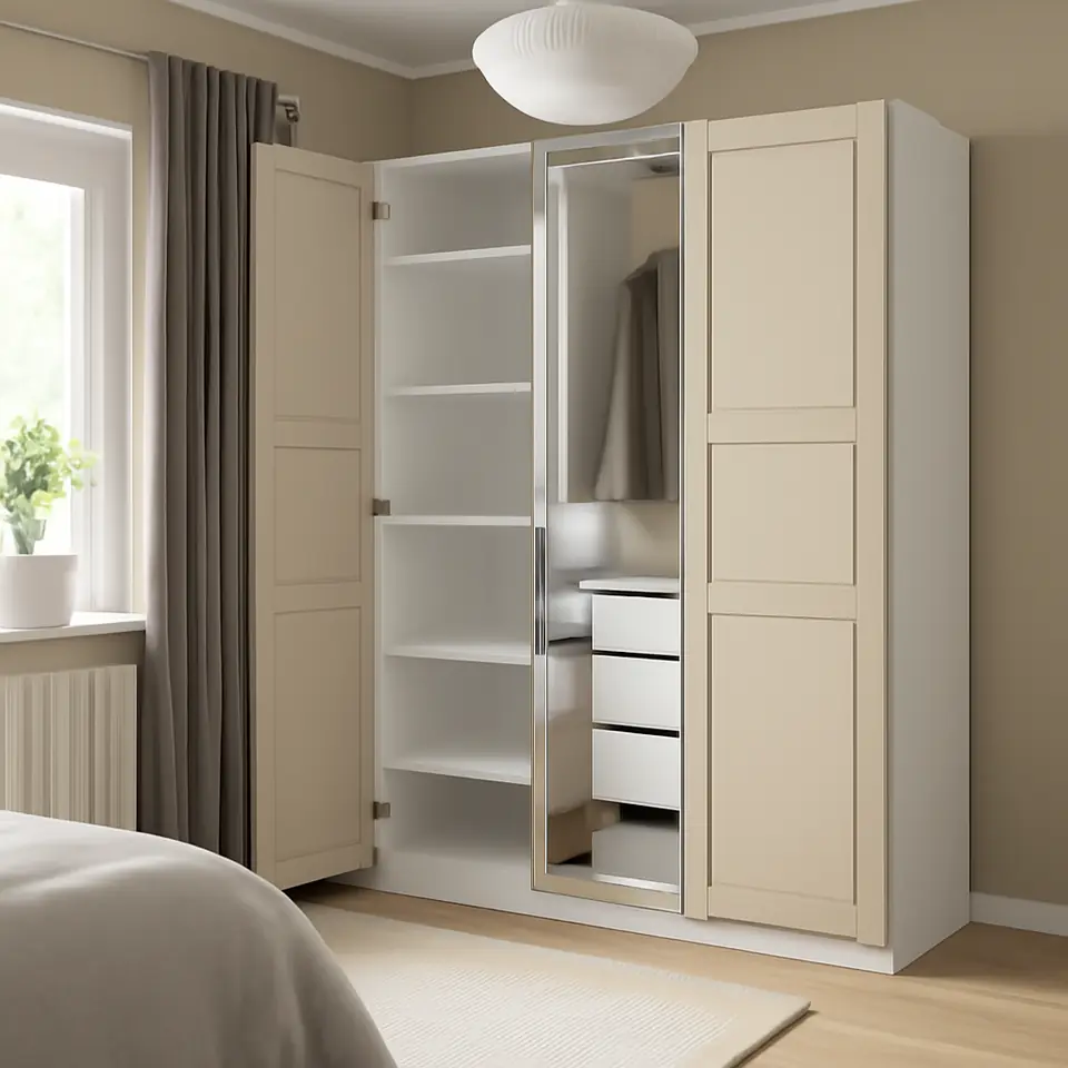 Møbelmontering PAX / KAMMARTORP/TYSSEDAL Garderobekombination, hvid spejl/grå gråbeige, 150x60x201 cm | Samling af Møbler i Rødovre & Kbh