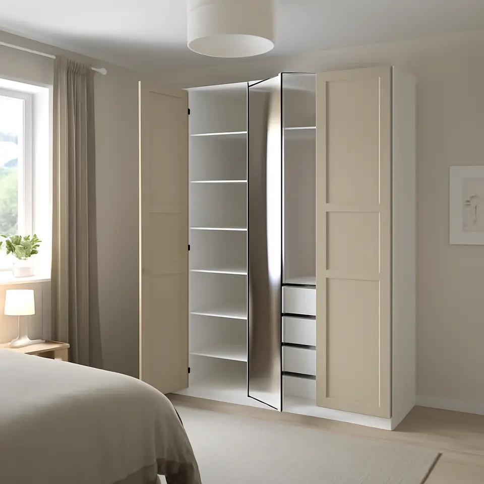 Møbelmontering PAX / KAMMARTORP/TYSSEDAL Garderobekombination, hvid spejl/grå gråbeige, 150x60x236 cm | Professionel Møbelmontør