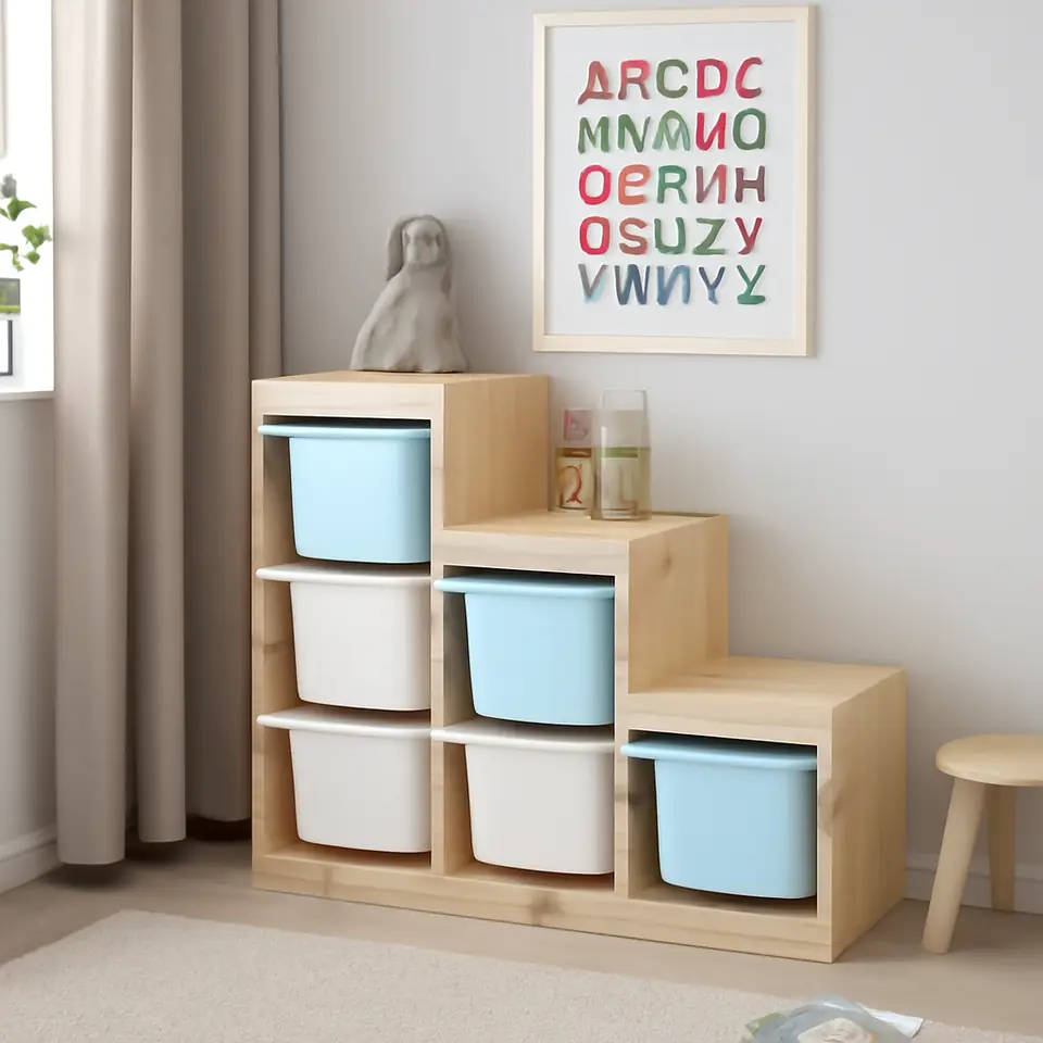 Møbelmontering TROFAST Opbevaringskombination med bokse, lys fyr med hvid bejdse hvid/lyseblå, 94x44x91 cm | Samling af Møbler i Rødovre & Kbh