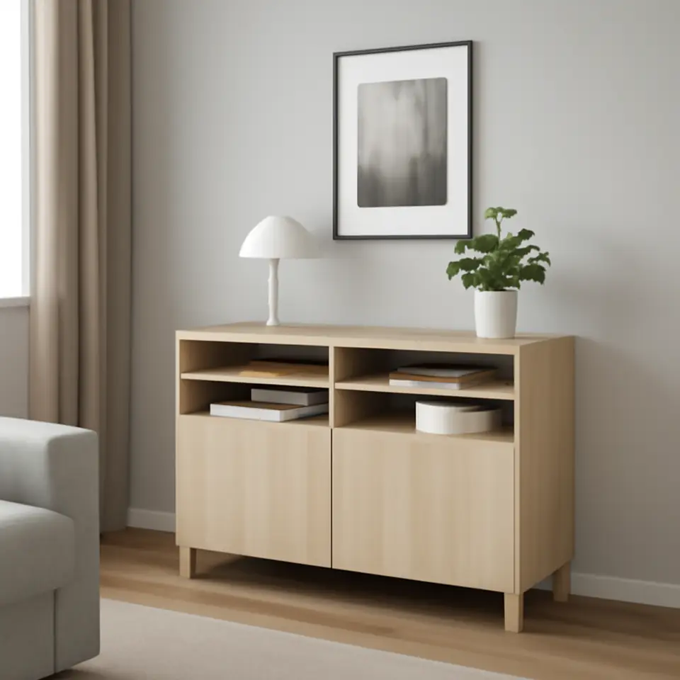 Møbelmontering BESTÅ Tv-bord med låger, egetræsmønster med hvid bejdse/Lappviken/Stubbarp egetræsmønster med hvid bejdse, 120x42x74 cm | Professionel Møbelmontør