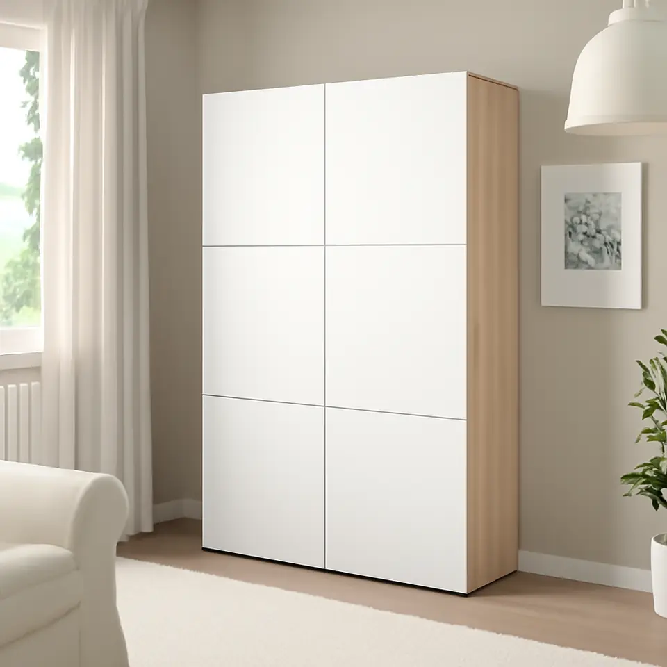 Møbelmontering BESTÅ Opbevaring med låger, egetræsmønster med hvid bejdse/Lappviken hvid, 120x42x193 cm | Billig & Hurtig i København