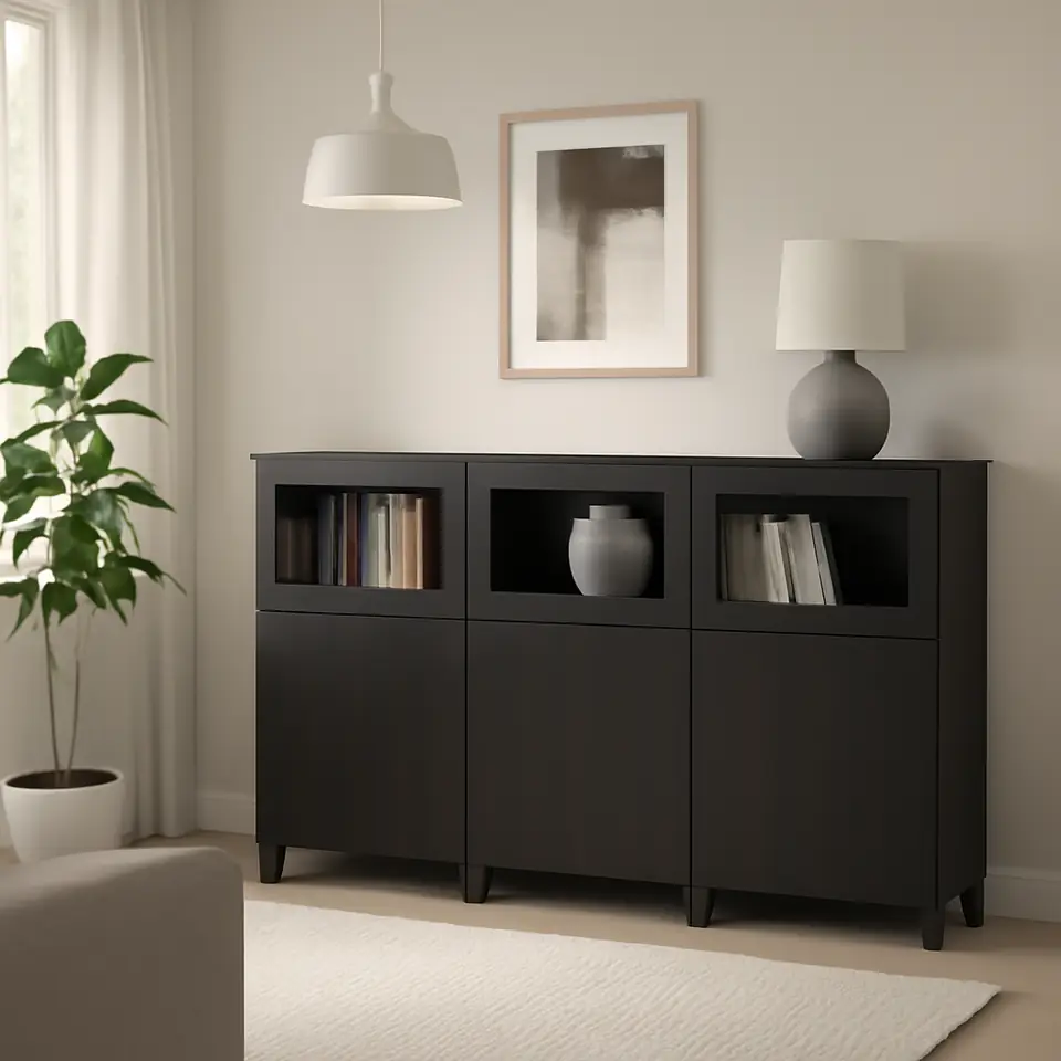 Møbelmontering BESTÅ Opbevaring med låger, sortbrun Lappviken/Sindvik sortbrunt klart glas, 180x42x112 cm | Professionel Møbelmontør