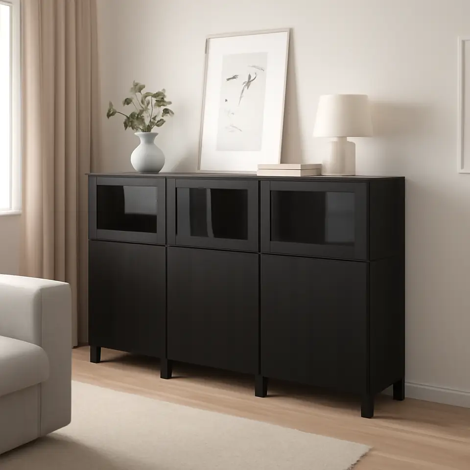 Møbelmontering BESTÅ Opbevaring med låger, sortbrun Lappviken/Sindvik sortbrunt klart glas, 180x42x112 cm | Samling af Møbler i Rødovre & Kbh