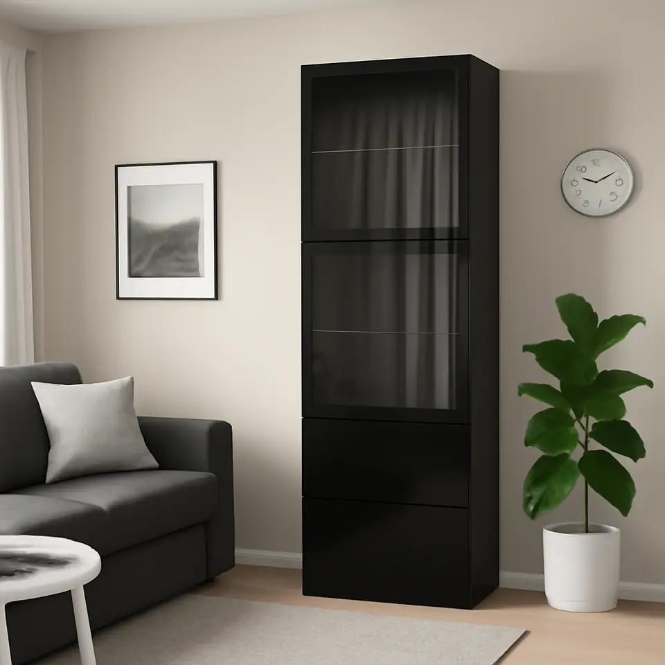 Møbelmontering BESTÅ Opbevaringsløsning med vitrinelåger, sortbrun/Selsviken højglans/sort klart glas, 60x42x193 cm | Samling af Møbler i Rødovre & Kbh
