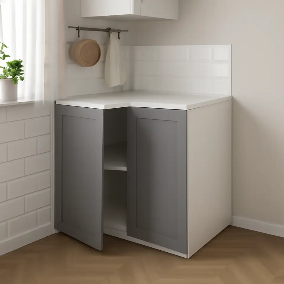 Møbelmontering ENHET Usk m hylde/låger, hvid/grå stel, 80x62x75 cm | Professionel Møbelmontør