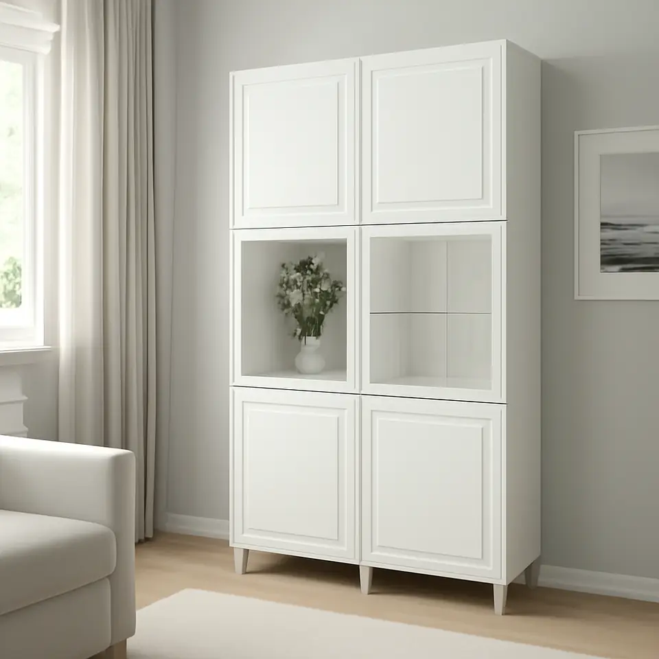 Møbelmontering BESTÅ Opbevaringsløsning med vitrinelåger, hvid Smeviken/Ostvik hvidt klart glas, 120x42x202 cm | Fast Pris i Storkøbenhavn