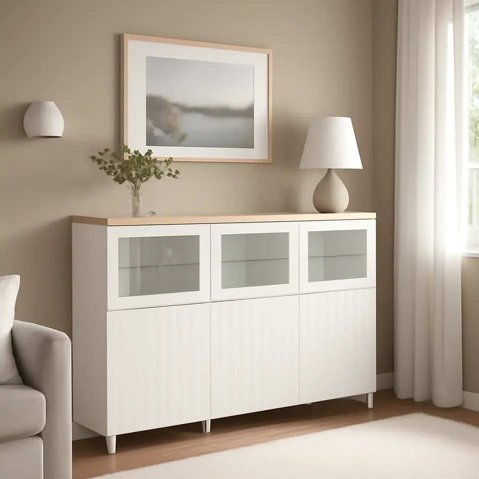 Møbelmontering BESTÅ Opbevaring med låger, hvid/Sutterviken/Kabbarp hvidt klart glas, 180x42x114 cm | Få et tilbud i dag