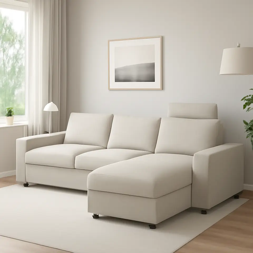Møbelmontering VIMLE 3-pers. sofa med chaiselong, med nakkepude med brede armlæn/Gunnared beige | Billig & Hurtig i København