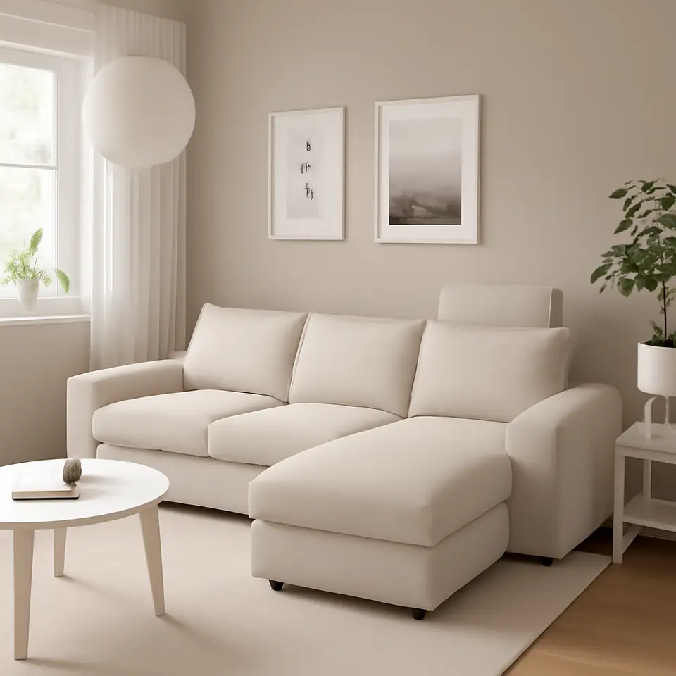 Møbelmontering VIMLE 3-pers. sofa med chaiselong, med nakkepude med brede armlæn/Gunnared beige | Få et tilbud i dag