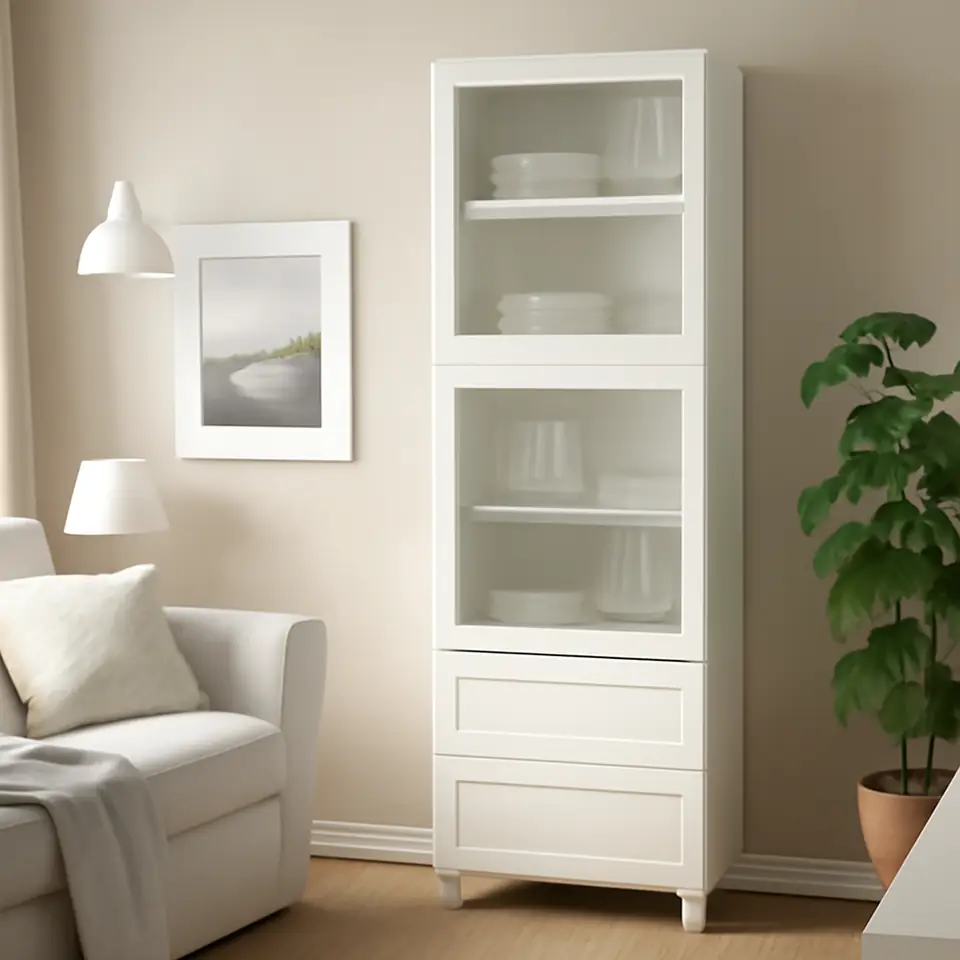 Møbelmontering BESTÅ Opbevaringsløsning med vitrinelåger, hvid Smeviken/Ostvik/Kabbarp hvidt klart glas, 60x42x202 cm | Professionel Møbelmontør