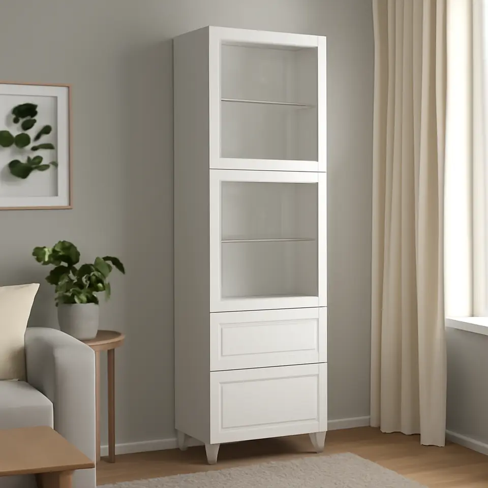 Møbelmontering BESTÅ Opbevaringsløsning med vitrinelåger, hvid Smeviken/Ostvik/Kabbarp hvidt klart glas, 60x42x202 cm | Professionel Møbelmontør