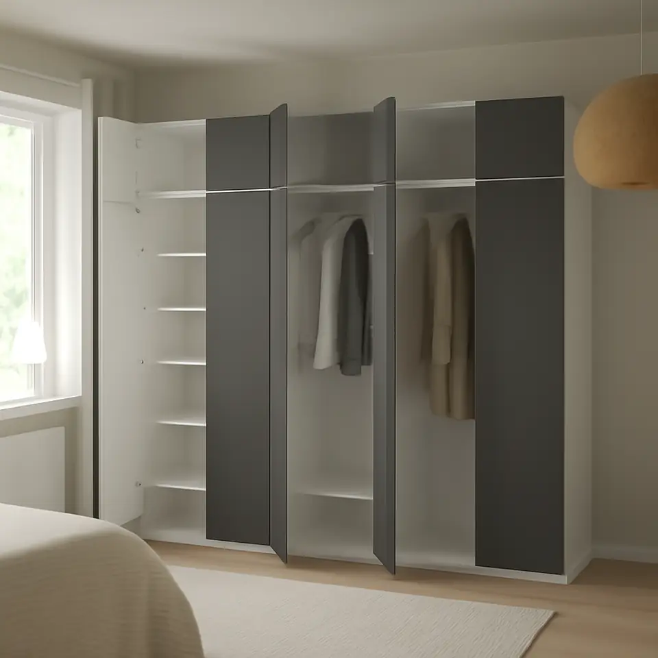 Møbelmontering PLATSA Garderobe med 10 døre, hvid/Skatval mørkegrå, 220x57x221 cm | Få et tilbud i dag