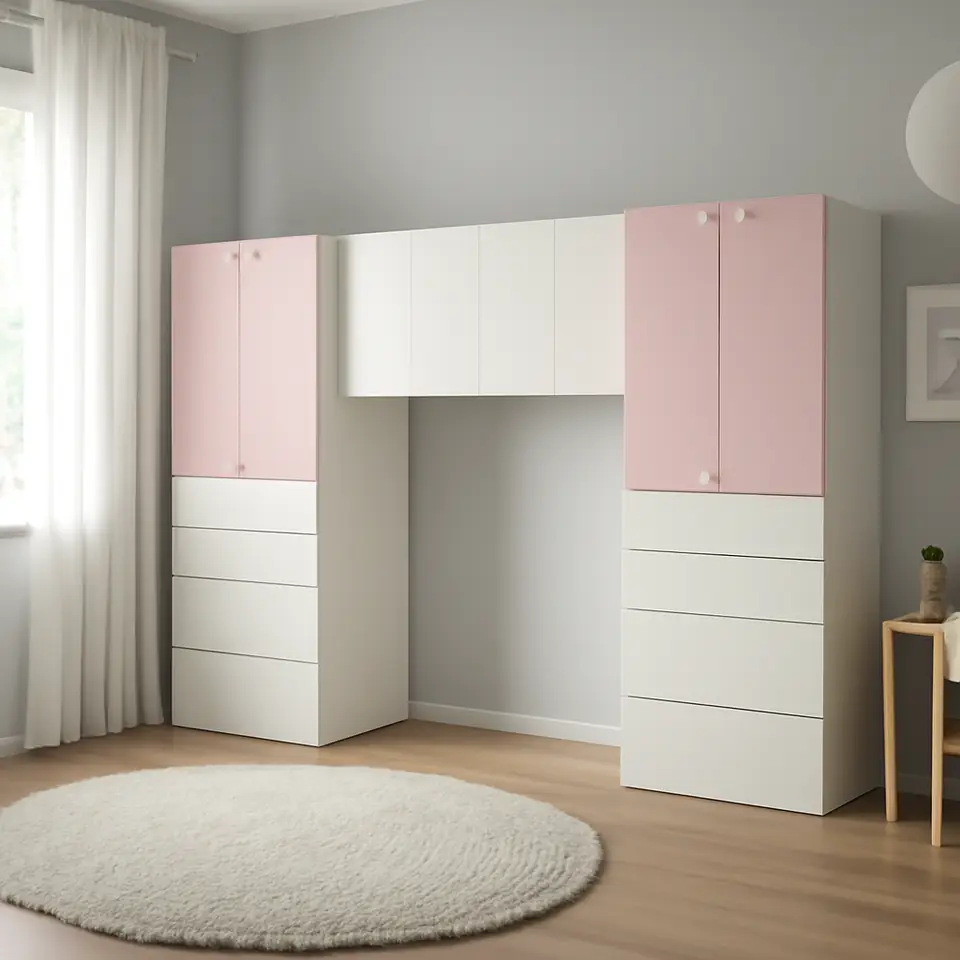 Møbelmontering SMÅSTAD Opbevaringskombination, hvid/lyserød, 240x57x181 cm | Fast Pris i Storkøbenhavn