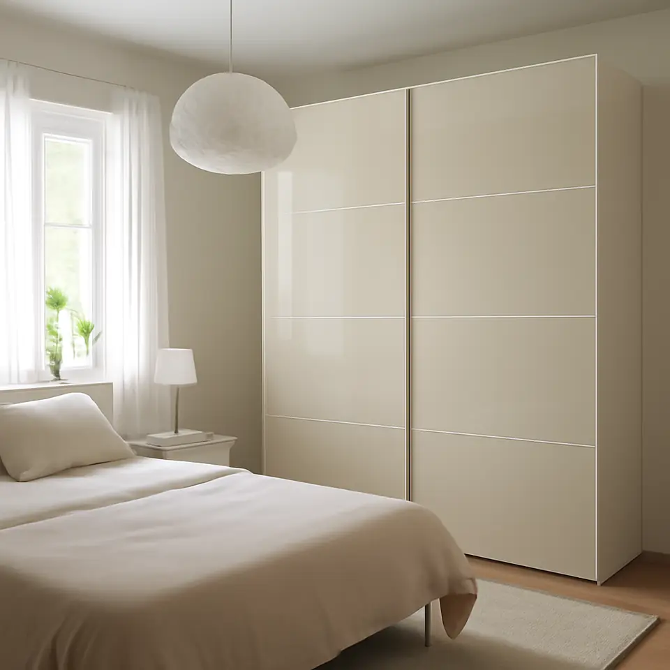 Møbelmontering HOKKSUND Skydedørspar, højglans lys beige, 200×236 cm | Fast Pris i Storkøbenhavn