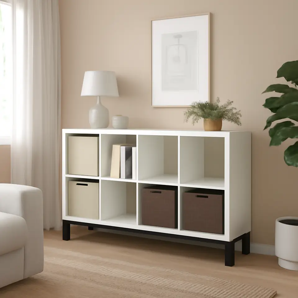Møbelmontering KALLAX Reol med understel, hvid/sort, 147×94 cm | Få et tilbud i dag