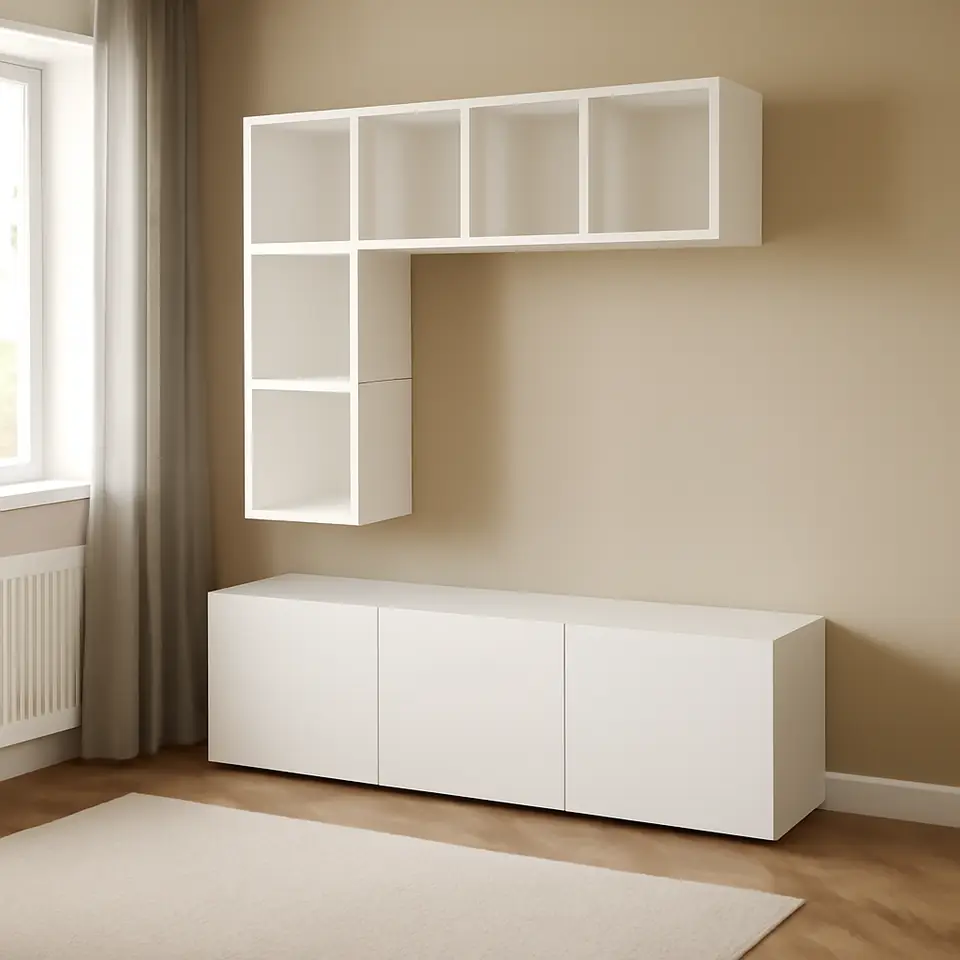 Møbelmontering BESTÅ / EKET Tv-møbel, kombination, hvid/Selsviken højglans/hvid, 180x42x185 cm | Billig & Hurtig i København