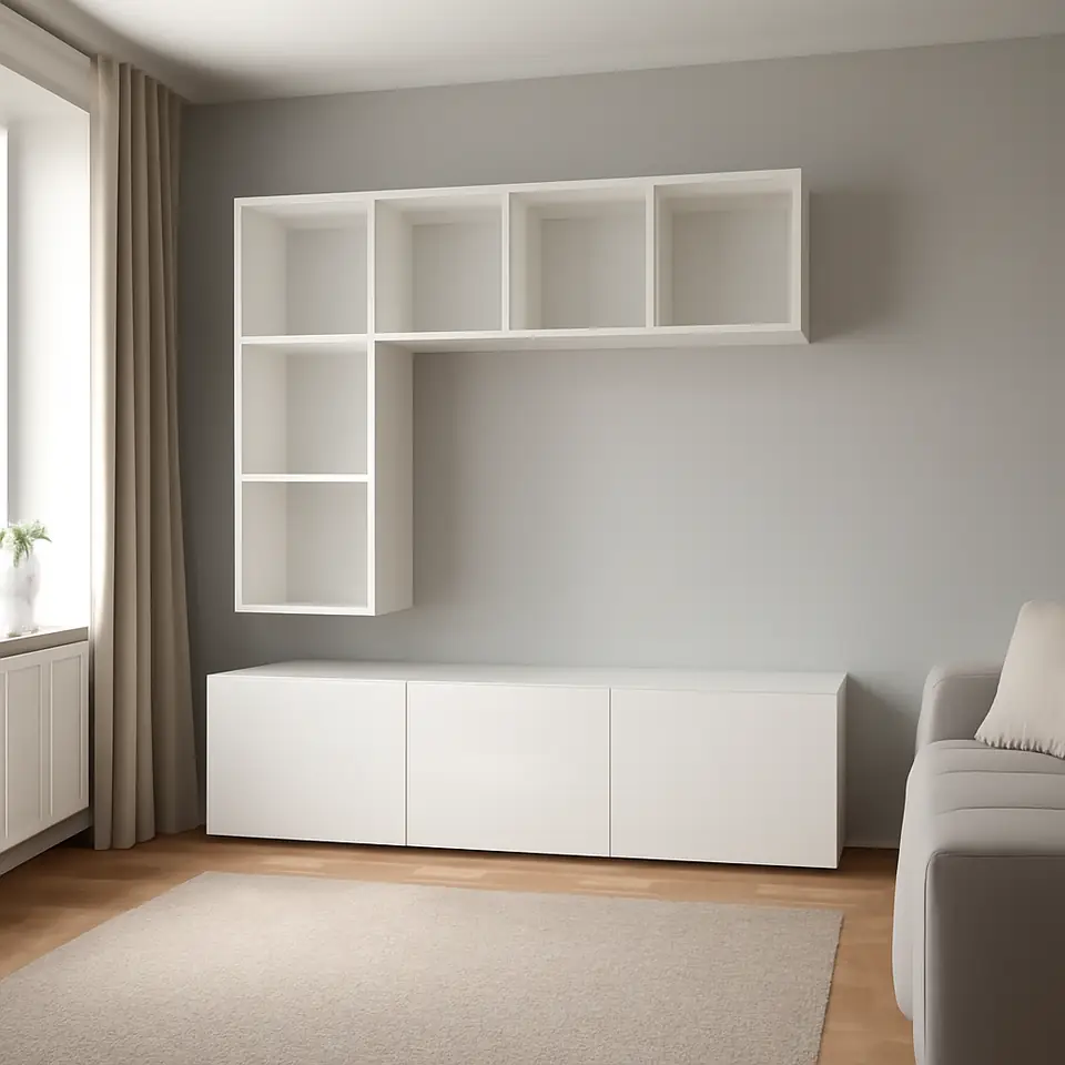 Møbelmontering BESTÅ / EKET Tv-møbel, kombination, hvid/Selsviken højglans/hvid, 180x42x185 cm | Samling af Møbler i Rødovre & Kbh