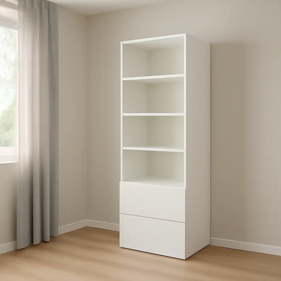 Møbelmontering SMÅSTAD / PLATSA Reol, hvid hvid/med 2 skuffer, 60x57x181 cm | Billig & Hurtig i København