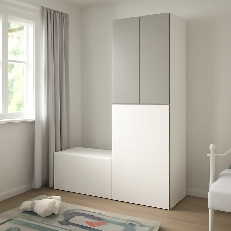 Møbelmontering SMÅSTAD Garderobeskab med udtrækselement, hvid grå/med opbevaringsbænk, 150x57x196 cm | Få et tilbud i dag