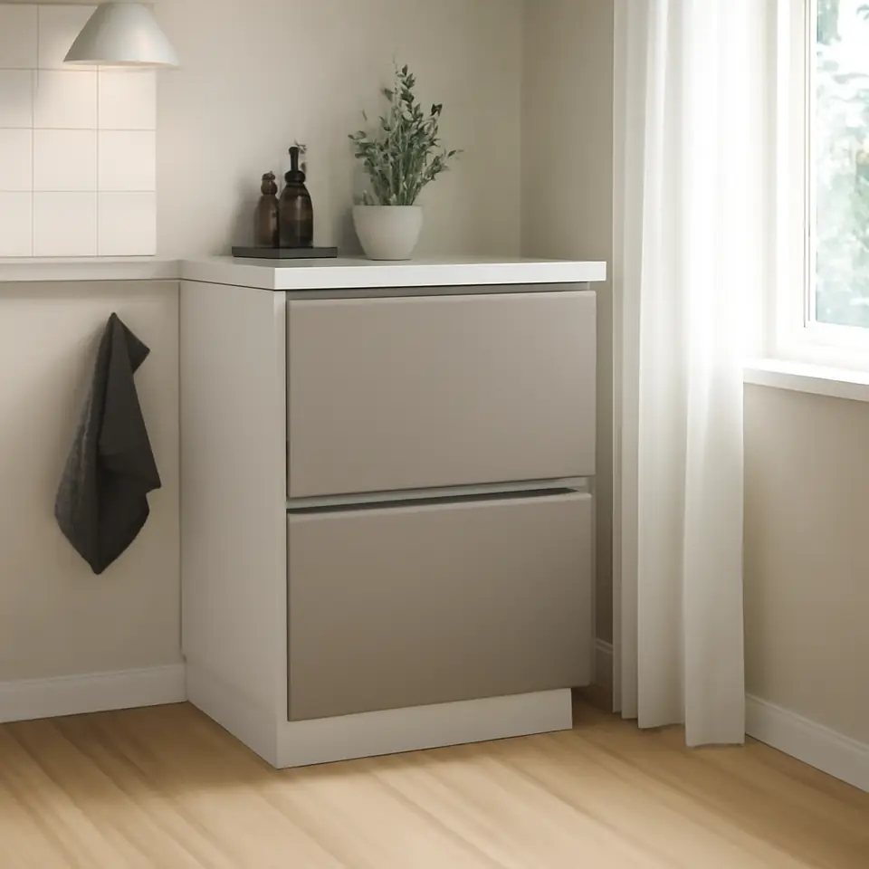 Møbelmontering METOD / MAXIMERA Uskab m udtræk arbejdsplds/3 skuf, hvid/Upplöv mat, mørk beige, 60×60 cm | Billig & Hurtig i København