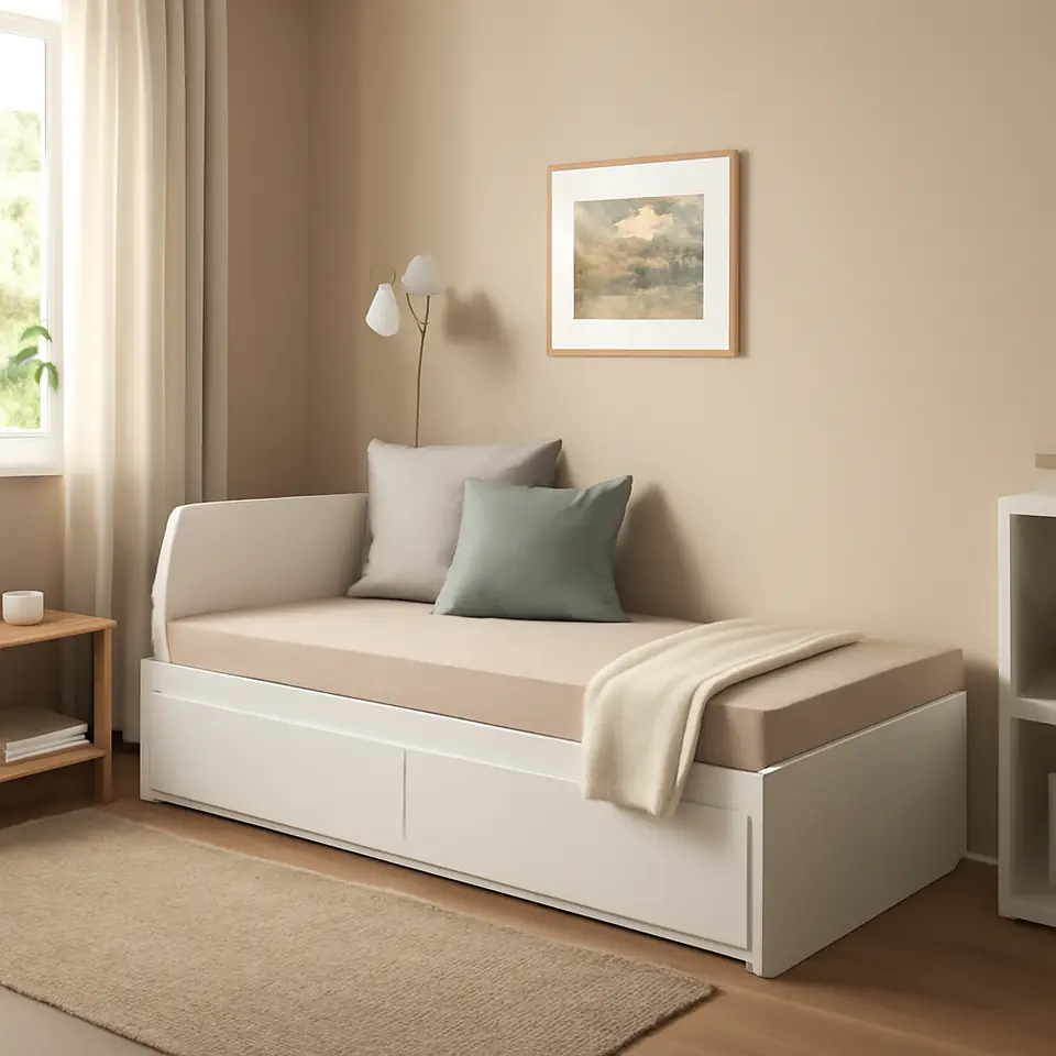 Møbelmontering FLEKKE Sovesofa 2 skuffer/2 madrasser, hvid/Vannareid fast, 80×200 cm | Professionel Møbelmontør