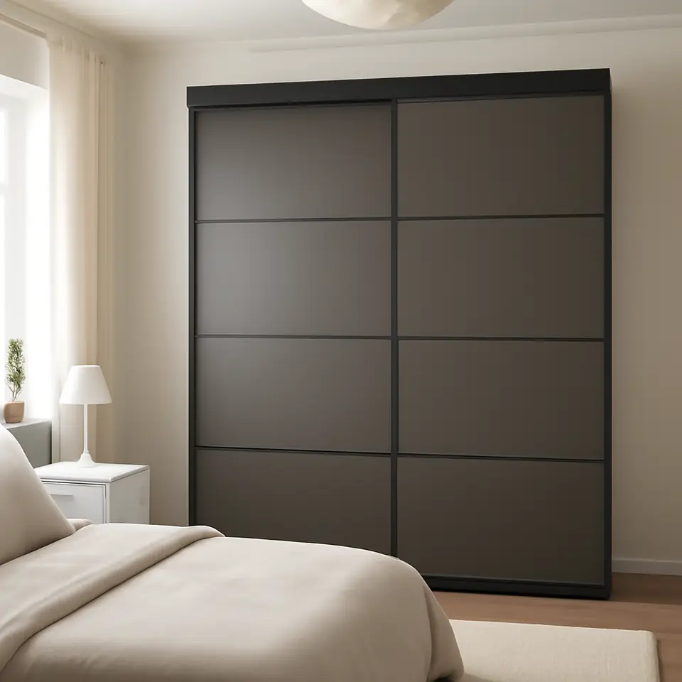 Møbelmontering SKYTTA / MEHAMN Skydedør, kombination, sort/dobbeltsidet mørkegrå, 177×205 cm | Billig & Hurtig i København