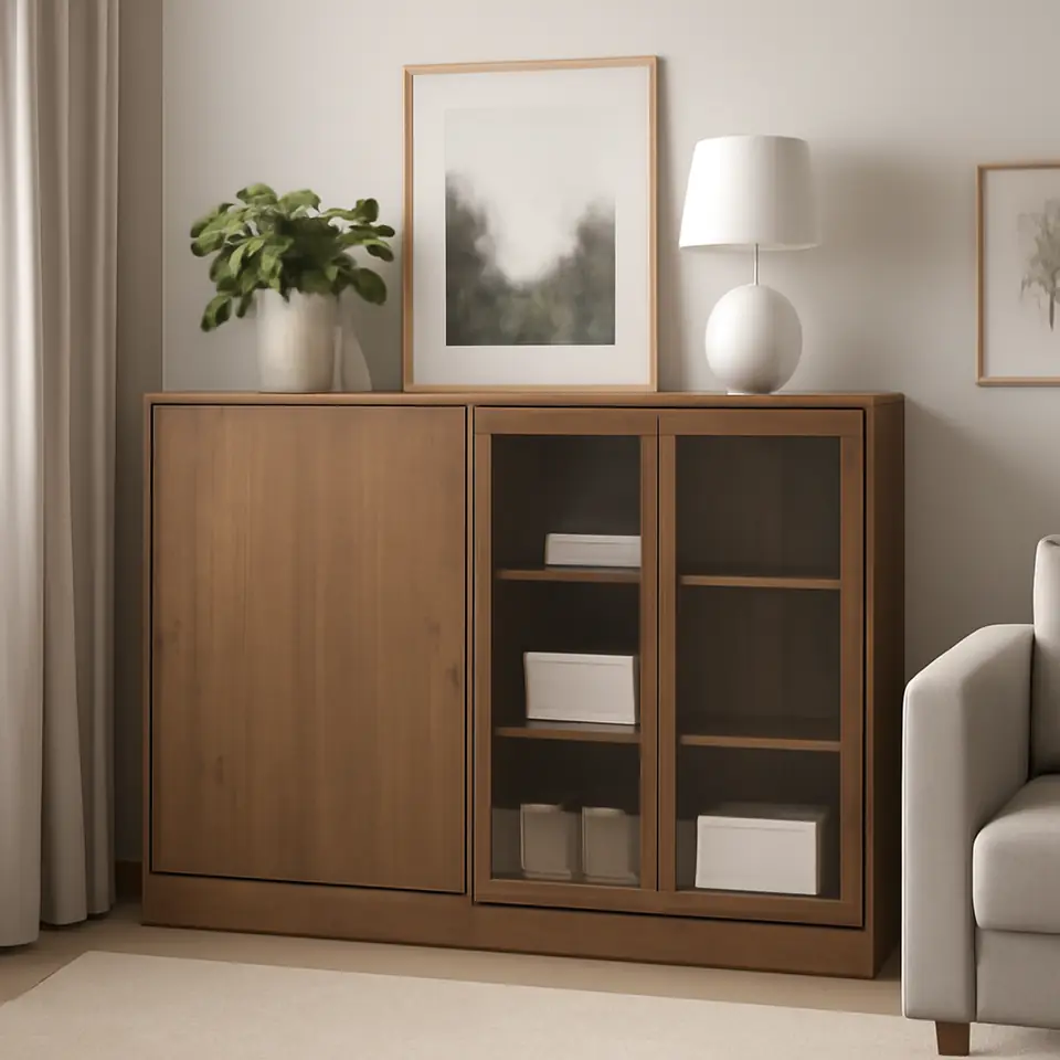 Møbelmontering TONSTAD Opbevaring med skydedøre, brun egetræsfiner med bejdse/klart glas, 202x37x120 cm | Professionel Møbelmontør