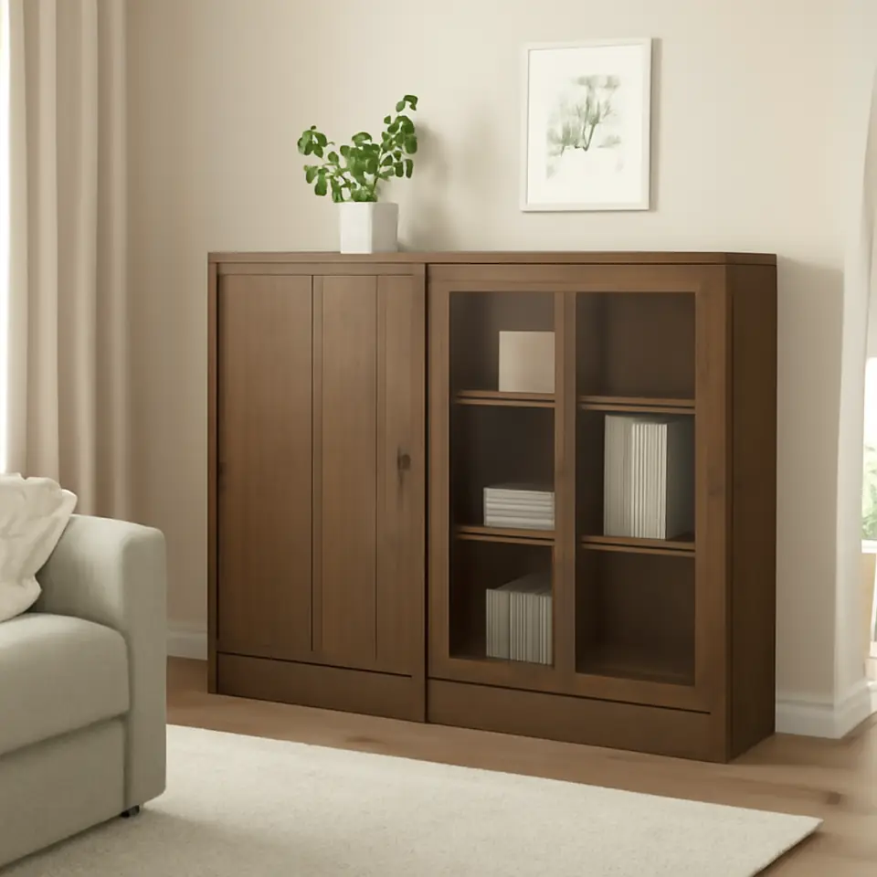 Møbelmontering TONSTAD Opbevaring med skydedøre, brun egetræsfiner med bejdse/klart glas, 202x37x120 cm | Professionel Møbelmontør